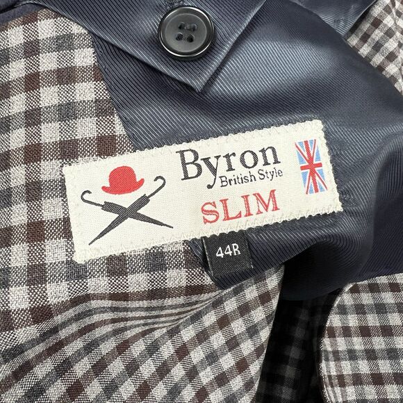 Byron British Style Check Plaid Blazer Jacket Sport Suit Coat 44R Wool Brown - Picture 9 of 12